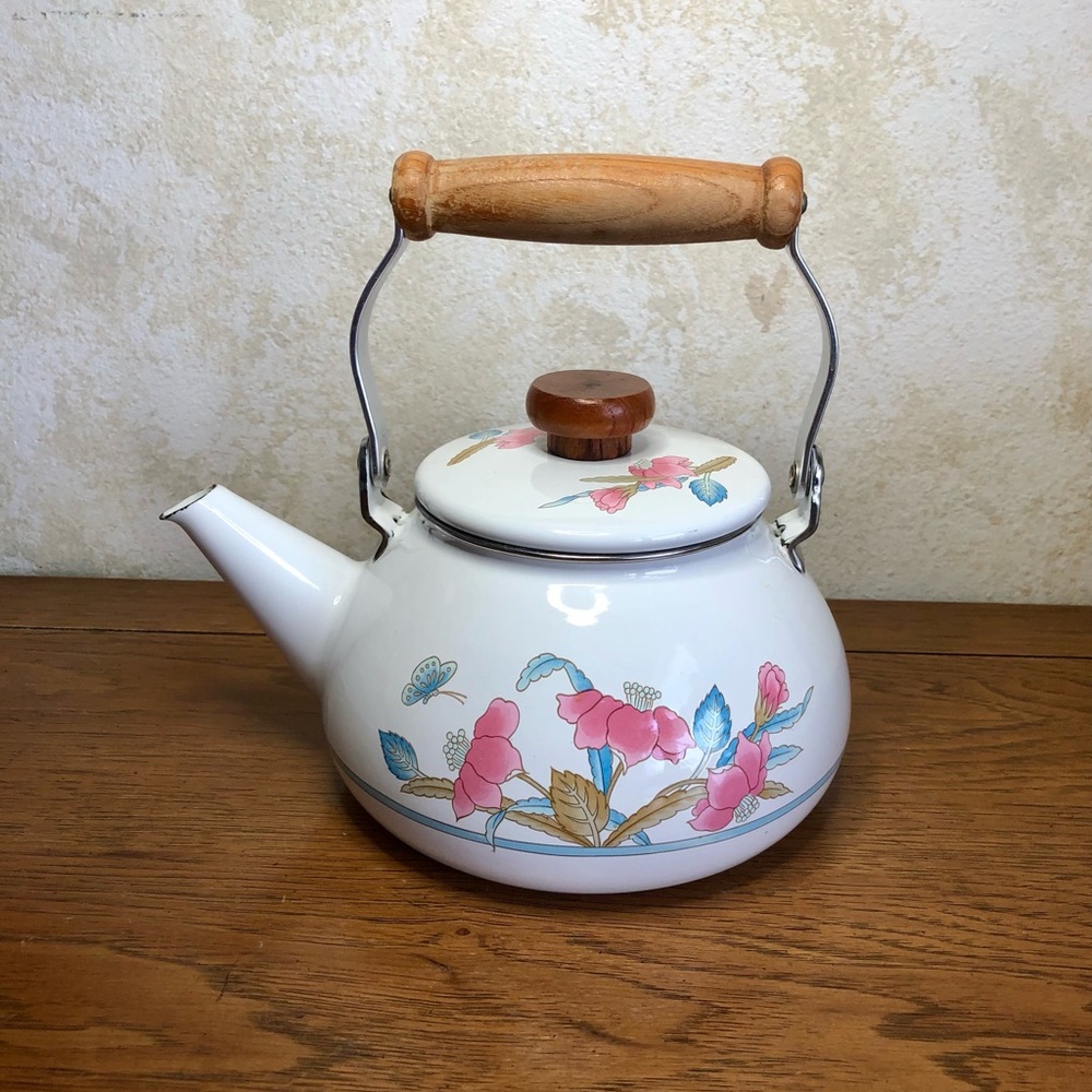 Vintage blue and pink floral enamel tea kettle with wooden handles